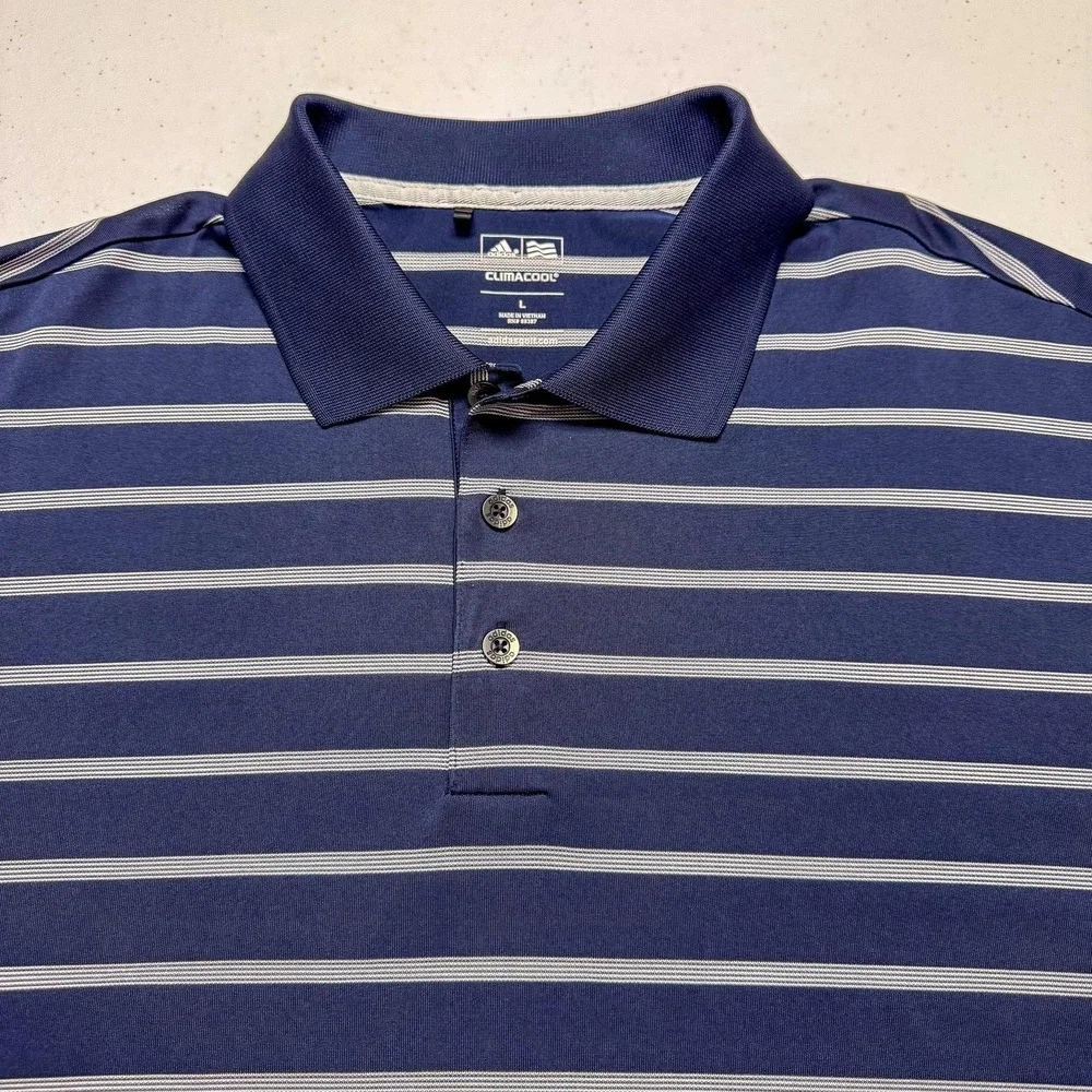 Adidas Golf Polo Shirt Mens Large Blue‎ Stripe ClimaCool Stretch Performance Top